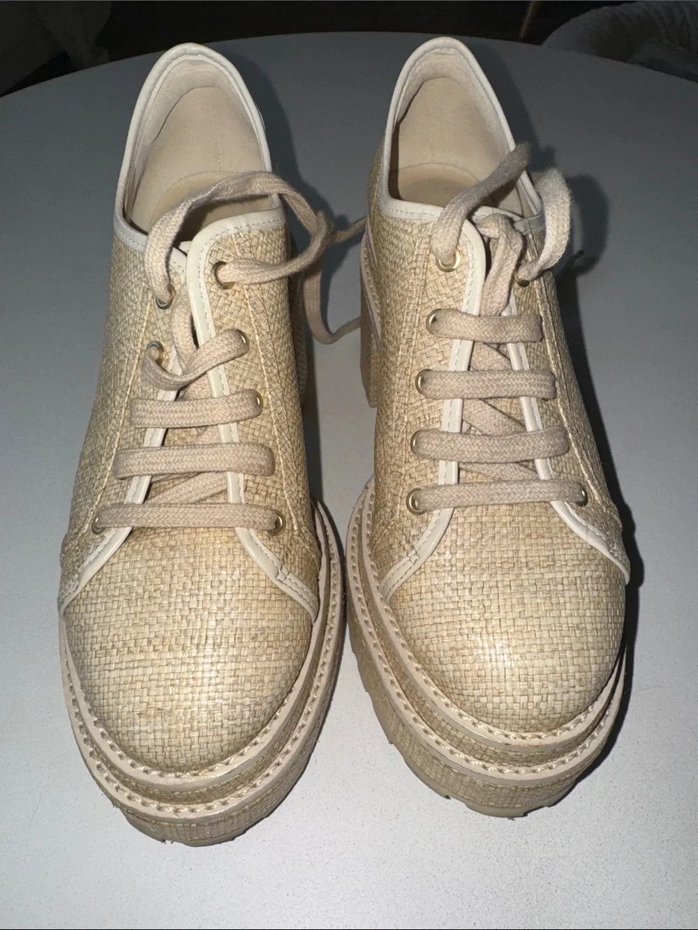 cult gaia Natural Woven Platform Lace-Up Heels